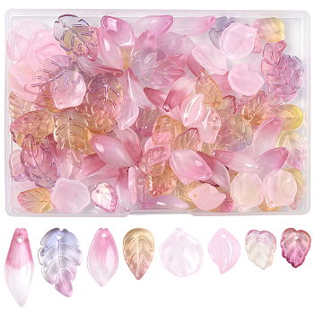 120Pcs 8 Styles Glass Pendants, Leaf Charms, Mixed Color, 13.5~23.5x8~15x3~6mm, Hole: 1.2~1.5mm, 15pcs/style