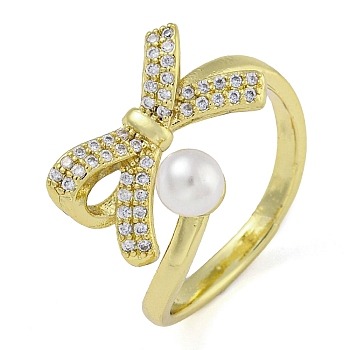 Brass Micro Pave Clear Cubic Zirconia Open Cuff Rings, with ABS Imitation Pearl, for Women, Golden, Bowknot, Inner Diameter: 18mm