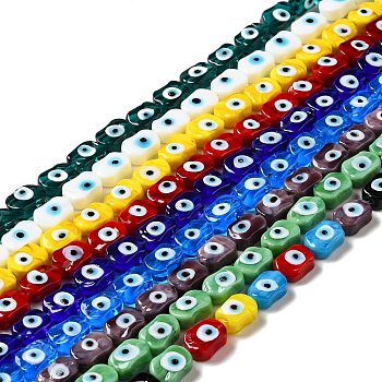 Handmade Evil Eye Lampwork Beads Strands, Oval, Mixed Color, 13~14x9.5~10x5~6mm, Hole: 1.4mm, about 28pcs/strand, 14.88 inch(37.8cm)