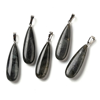 Natural Labradorite Pendants, Teardrop Charms with Rack Plating Platinum Tone Brass Snap on Bails, 34~34.5x10~10.5x6~6.5mm, Hole: 6.5x3mm