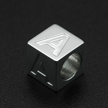 201 Stainless Steel European Beads, Large Hole Beads, Horizontal Hole, Cube, Stainless Steel Color, Letter.A, 7x7x7mm, Hole: 5mm