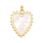 Natural White Shell Pendants, Heart Charms with Brass Settings, Long-Lasting Plated, Rack Plating, Lead Free & Cadmium Free, Seashell Color, Real 18K Gold Plated, 32x25x2.5mm, Hole: 4.5x3.5mm(KK-C162-001A-G)