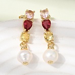 Round Brass Micro Pave Cubic Zirconia Dangle Stud Earrings, with Natural Pearl, Rack Plating, Long-Lasting Plated, Cadmium Free & Lead Free, Real 18K Gold Plated, Fuchsia, 33~34x8.5~9mm(EJEW-L311-01G-01)