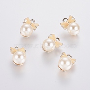 Light Gold Plated Alloy Pendants, with Enamel and Acrylic Imitation Pearl, Bowknot, White, 20x14x13mm, Hole: 2mm(PALLOY-L223-W01-G-AAA)