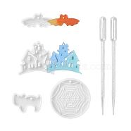 Halloween DIY Pendants Resin Silicone Molds, with Plastic Pipettes, for Jewelry Making, Castle Ghost & Spider Web & Bat & Cat Shape, White, 82x84x11mm, Hole: 3mm(DIY-LS0001-13)