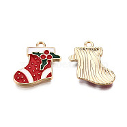 Golden Plated Alloy Enamel Pendants, for Christmas, Christmas Sock, Cadmium Free & Lead Free, Red, 19x17.5x2.5mm, Hole: 2mm(ENAM-T009-93-RS)