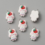 Opaque Resin Pendants, with Platinum Tone Iron Loops, Rabbit Charm with Strawberry, White, 26x17x8mm, Hole: 2mm(RESI-CJC0006-030)