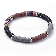 Polymer Clay Heishi Beads Beads Stretch Bracelets, with Brass Spacer Beads, Flat Round, Black, 2-1/4 inch(5.6cm), 6mm(BJEW-JB04450-02)