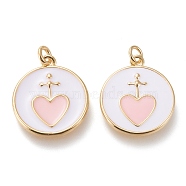 Brass Pendants, with Enamel and Jump Rings, Long-Lasting Plated, Flat Round with Heart, Golden, Pink, 20.5x18x2mm, Hole: 3mm(ZIRC-I044-01B)