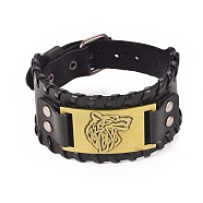 Full Grain Leather Cord Bracelets, with Alloy Link and Watch Band Clasps, Rectangle with Wolf Head, Antique Bronze, 10-3/4 inch(27.3cm), 39x8mm(BJEW-G620-B02)