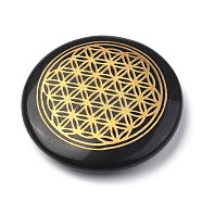 Chakras Themed Natural Obsidian Cabochons, Flat Round with Flower of Life, 35x6~7mm(G-P001-22C)
