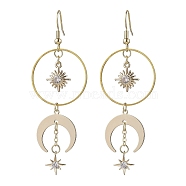 Brass with Cubic Zirconia Dangle Earrings, Moon & Star, Golden, 70x25mm(EJEW-TA00406)