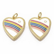 Brass Enamel Pendants, with Jump Rings, Nickel Free, Heart with Rainbow Pattern, Colorful, Real 16K Gold Plated, 20x17.5x3mm, Jump Rings: 5x1mm, 3mm inner diameter.(KK-T061-001-NF)