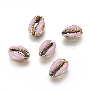 Electroplated Cowrie Shell Beads, with Enamel, Undrilled/No Hole Beads, Golden, Pink, 18~22x13~15x7~8mm(BSHE-G019-01G-E)