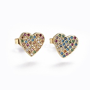 Brass Micro Pave Cubic Zirconia Stud Earrings, Heart, Golden, Colorful, 9.3x8.7x0.6mm, Pin: 0.7mm(EJEW-L224-37G)