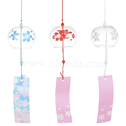 3Pcs 3 Styles Japanese Glass Round with Sakura Pattern Wind Chimes, Paper Blessing Hanging Pendant, for Garden Patio Balcony Decoration, Mixed Color, 375~430mm, 1pc/style(HJEW-BC0001-56)