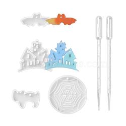 Halloween DIY Pendants Resin Silicone Molds, with Plastic Pipettes, for Jewelry Making, Castle Ghost & Spider Web & Bat & Cat Shape, White, 82x84x11mm, Hole: 3mm(DIY-LS0001-13)