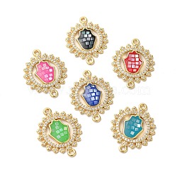 Rack Plating Brass Micro Pave Cubic Zirconia Flower with Hamsa Hand Connector Charms, with Enamel & Shell, Real 18K Gold Plated, Long-Lasting Plated, Lead Free & Cadmium Free, Mixed Color, 25x20x3mm, Hole: 1.2mm(KK-K385-116G)