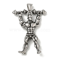 316 Surgical Stainless Steel Pendants, Weightlifting Human, Antique Silver, 51x37.5x8mm, Hole: 4x8mm(STAS-Z073-84AS)