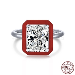Rhodium Plated 925 Sterling Silver Rings, Birthstone Ring, Real Platinum Plated, with Enamel & Cubic Zirconia for Women, Rectangle, Red, 1.9mm, US Size 7(17.3mm)(RJEW-A019-43B-02P)