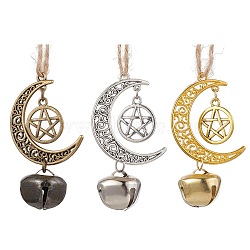 3Pcs 3 Colors Alloy Moon with Star Pendant Decoration, Iron Bell and Jute Cord Home Door Hanging Ornaments, Mixed Color, 190mm, 1pc/color(HJEW-JM02415)