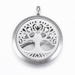 316 Surgical Stainless Steel Diffuser Locket Pendants, with Perfume Pad and Magnetic Clasps, Flat Round with Tree of Life, Stainless Steel Color, Mixed Color, 36.5~37x30x6~6.5mm, Hole: 5mm, Inner Diameter: 23mm, 12Color/Set(STAS-H418-43P)