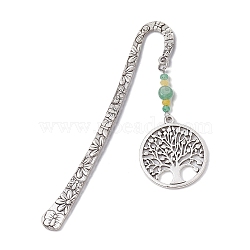 Natural Malaysia Jade & Green Aventurine Beaded Pendant Bookmarks with Alloy Tree of Life, Flower Pattern Hook Bookmarks, Antique Silver, 123.5x21x2.5mm, Pendant: 63.5x34x2mm(AJEW-JK00255-04)