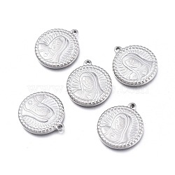 304 Stainless Steel Pendants, Flat Round with Virgin Mary, Stainless Steel Color, 21x18.3x2.8mm, Hole: 1.5mm(STAS-K207-18P-A)