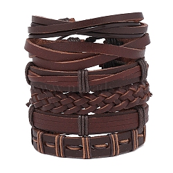6Pcs 6 Style Adjustable Braided Imitation Leather Cord Bracelet Set with Waxed Cord for Men, Coconut Brown, Inner Diameter: 2-1/8~3-1/8 inch(5.5~8.2cm), 1Pc/style(BJEW-F458-12)