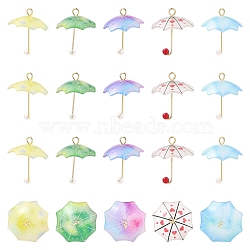 10Pcs 5 Style Acrylic Pendants, Umbrella, with Golden Plated Brass Loops and ABS Plastic Imitation Pearl, Mixed Color, 20~21x20x20mm, Hole: 1.6mm, 2pcs/style(KY-YW0010-02)