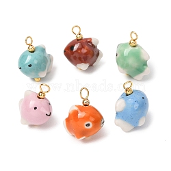 Handmade Porcelain Pendants, Fish Charms, Hand Painted, Famille Rose Porcelain, with Brass Findings, Real 18K Gold Plated, Mixed Color, 19~20x16~17x11.5~12mm, Hole: 2~3x3~4mm(PR-CBAC347-07)