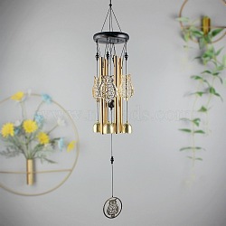 Wood Hanging Wind Chime Decor, with Golden Iron Column Pendants, for Home Hanging Ornaments, Owl, 640x95mm(BIRD-PW0001-042-03G)