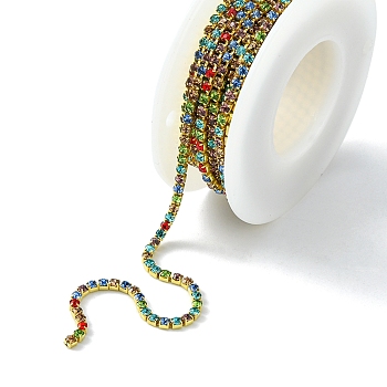 Raw(Unplated) Brass Rhinestone Strass Chains, Rhinestone Cup Chain, Grade A, with Spool, Colorful, 2.2mm, about 11.81 Feet(3.6m)/Roll