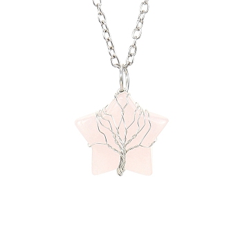 Natural Rose Quartz Star Pendant Necklace, with Platinum Alloy Chains, 20.87 inch(53cm)