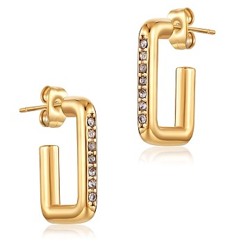 Clear Cubic Zirconia Rectangle Stud Earrings, 430 Stainless Steel Half Hoop Earrings for Women, Golden, 20x13x3mm