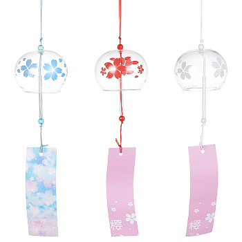 3Pcs 3 Styles Japanese Glass Round with Sakura Pattern Wind Chimes, Paper Blessing Hanging Pendant, for Garden Patio Balcony Decoration, Mixed Color, 375~430mm, 1pc/style