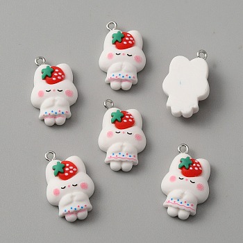 Opaque Resin Pendants, with Platinum Tone Iron Loops, Rabbit Charm with Strawberry, White, 26x17x8mm, Hole: 2mm