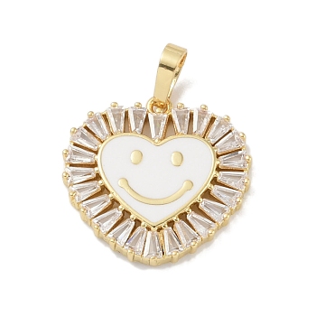 Rack Plating Brass Micro Pave Clear Cubic Zirconia Pendants, with Enamel, Long-Lasting Plated, Lead Free & Cadmium Free, Real 18K Gold Plated, Heart with Smile, White, 20x19x2.5mm, Hole: 6.5x3.5mm