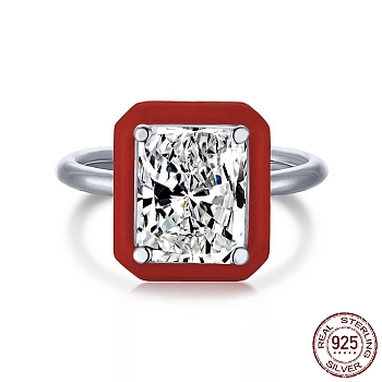 Rhodium Plated 925 Sterling Silver Rings, Birthstone Ring, Real Platinum Plated, with Enamel & Cubic Zirconia for Women, Rectangle, Red, 1.9mm, US Size 7(17.3mm)