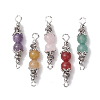 Natuarl Mixed Gemstone Round Beaded Connector Charms, with Tibetan Style Bead Caps, Mixed Dyed & Undyed, Antique Silver, 36.5x6.7mm, Hole: 3mm abd 1.6mm