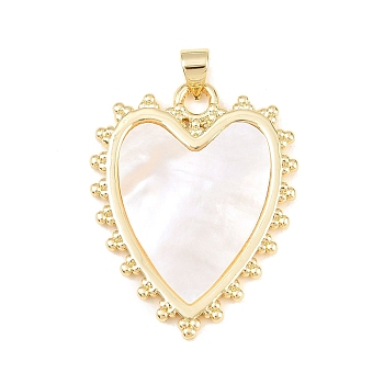 Natural White Shell Pendants, Heart Charms with Brass Settings, Long-Lasting Plated, Rack Plating, Lead Free & Cadmium Free, Seashell Color, Real 18K Gold Plated, 32x25x2.5mm, Hole: 4.5x3.5mm
