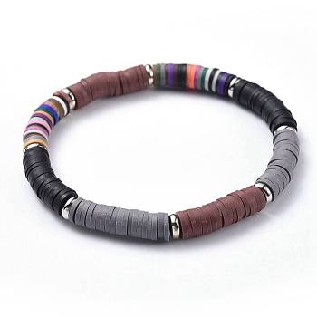 Polymer Clay Heishi Beads Beads Stretch Bracelets, with Brass Spacer Beads, Flat Round, Black, 2-1/4 inch(5.6cm), 6mm