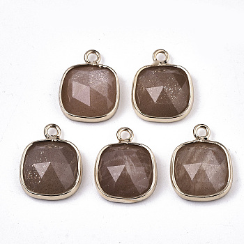 Natural Sunstone Charms, with Light Gold Plated Brass Edge and Loop, Square, Faceted, 14x11x5mm, Hole: 1.6mm