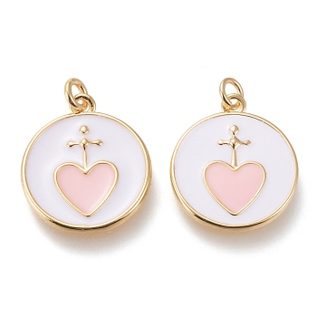 Brass Pendants, with Enamel and Jump Rings, Long-Lasting Plated, Flat Round with Heart, Golden, Pink, 20.5x18x2mm, Hole: 3mm