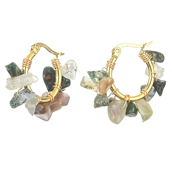 Natural Moss Agate Chips Braided Hoop Earrings, 304 Stainless Steel Wire Wrap Jewelry for Women, 25~27x28~33x7~9mm, Pin: 0.6mm