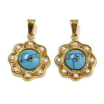 Ion Plating(IP) 304 Stainless Steel Pave Synthetic Turquoise Pendants, with ABS Plastic Pearl, Golden, Flower, 19.5x16.5x4mm, Hole: 5x3mm