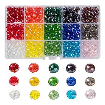 15 Colors Electroplate Glass Beads, AB Color Plated, Faceted, Rondelle, Mixed Color, 8x6mm, Hole: 1mm, 15 colors, 30pcs/color, 450pcs/box