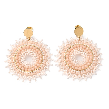 Woven Glass & Brass Beaded Sun Dangle Stud Earrings with Vacuum Plating 304 Stainless Steel Pins, PeachPuff, 71x60mm