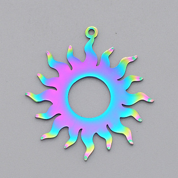 Ion Plating(IP) 201 Stainless Steel Solar Eclipse Pendants, Laser Cut, Sun, Rainbow Color, 32.5x30x1mm, Hole: 1.4mm