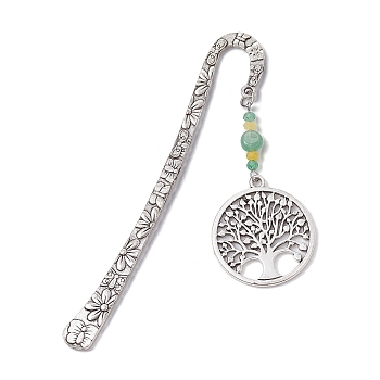 Natural Malaysia Jade & Green Aventurine Beaded Pendant Bookmarks with Alloy Tree of Life, Flower Pattern Hook Bookmarks, Antique Silver, 123.5x21x2.5mm, Pendant: 63.5x34x2mm